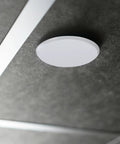 Top Shelf Four Pack Concealed Fire Sprinkler Head Cover Plates With Galvanized Ceiling Trim Rings For No Sweat Installation And Big Time Residential Or Commercial Protection, white cover plate on ceiling.