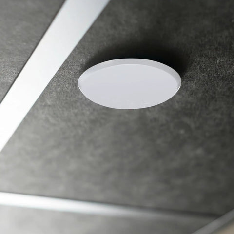 Top Shelf Four Pack Concealed Fire Sprinkler Head Cover Plates With Galvanized Ceiling Trim Rings For No Sweat Installation And Big Time Residential Or Commercial Protection, white cover plate on ceiling.