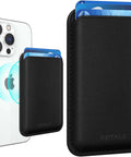 MagSafe Leather Card Holder With Beefy Magnetic RFID Shield For iPhone 12 Through 17 Series Pro And Pro Max Stick On Wallet Case N52 Magnets RFID Blocking Slim Black attached to iPhone