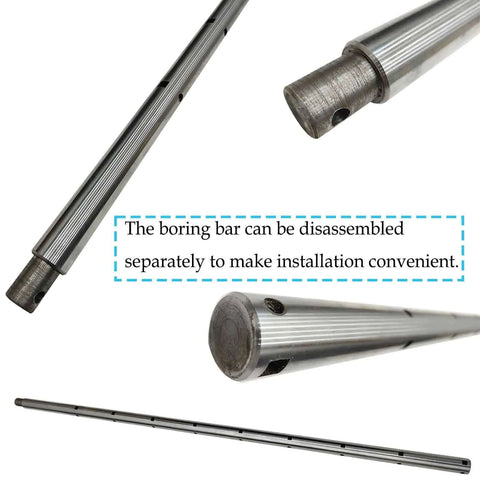Front view of a steel hole-boring bar with detachable end; long grooved shaft for 110V drilling equipment.