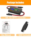 10A 12V MPPT Solar Charge Controller with LCD, SAE Connector, and User Manual