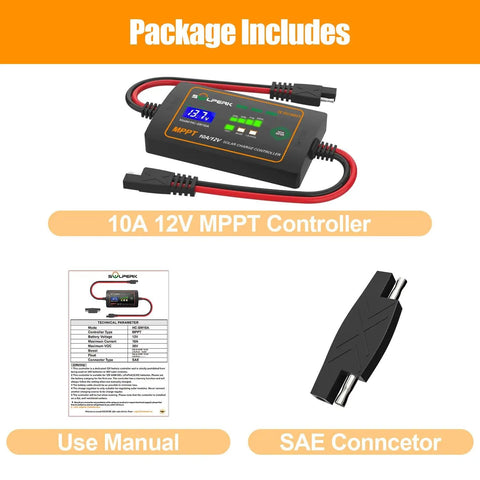 10A 12V MPPT Solar Charge Controller with LCD, SAE Connector, and User Manual