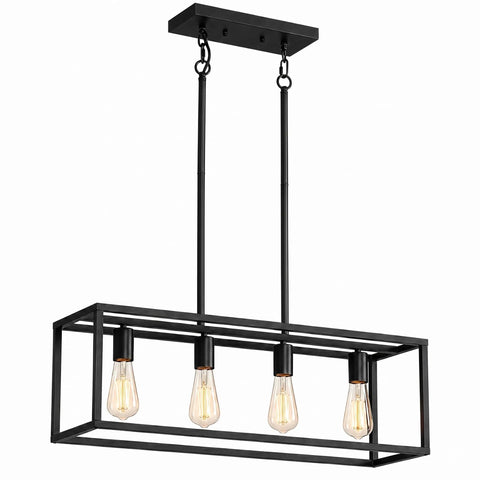 Black 4 Light Dope Industrial Vintage Chandelier With Open Rectangular Cage Frame In Matte Finish, Modern Farmhouse Style