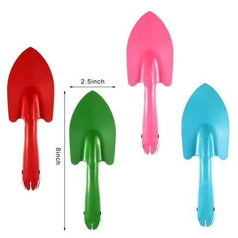 Four Piece Eight Inch Trowel Set With Colorful Metal Hand Shovels For Beach Garden And Planting Tasks Bright Pink Red Blue Green Spades