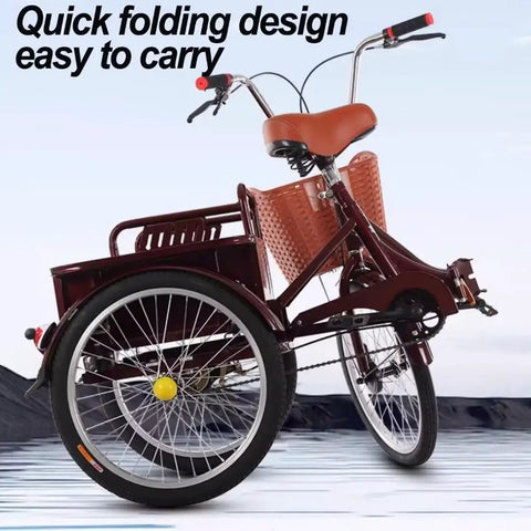 Wine red folding three wheel tricycle with cargo cabin, dual brakes, adjustable saddle, and heavy duty steel frame.
