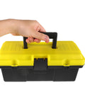 Hand holding the Totally Nifty Portable Plastic Toolbox With Heavy Duty Buckle And Comfy Grip designed for mechanics.