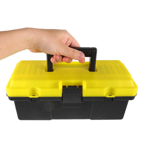 Portable Plastic Tool Box With Secure Buckles Lightweight Durable Storage Case For Outdoor DIY Projects held in hand.