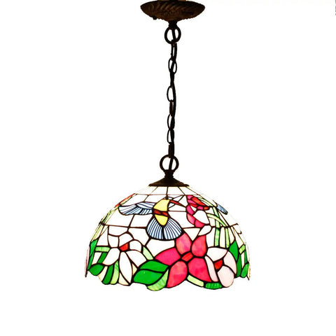 Old School Tiffany Hummingbird Amber Stained Glass Pendant Light Fixture With 12 Inch Wide Shade And 32 Inch Chain Hardwired Hanging Lamp In Antique Green Bronze Finish S101 Series
