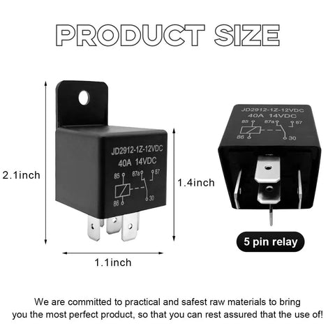 Road Hardened 2 Pack 5 Pin Car Relay 40 Amp 12 Volt Universal Auto Switch displaying dimensions 2.1x1.1x1.4 inches.