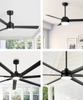 Black ceiling fans in modern rooms, various angles; unrelated to Two Pack Farmhouse Flush Mount Ceiling Lights With Vintage Industrial Vibe Matte Black Open Cage Fixtures For Hallway, Entryway, Living Room Anti Corrosive Painted Finish