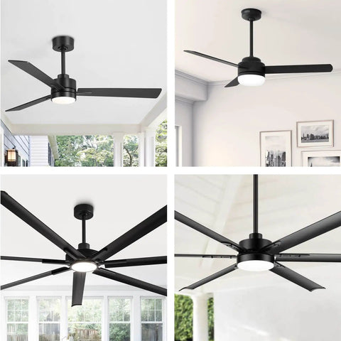 Black ceiling fans in modern rooms, various angles; unrelated to Two Pack Farmhouse Flush Mount Ceiling Lights With Vintage Industrial Vibe Matte Black Open Cage Fixtures For Hallway, Entryway, Living Room Anti Corrosive Painted Finish