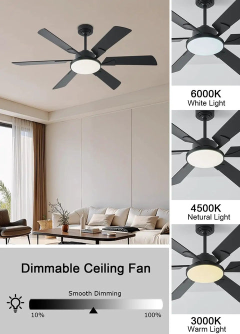 52 Inch Low Profile Ceiling Fan With Lights Remote And App Control 3 CCT Dimmable 6 Speed Ultra Quiet DC Motor Reversible