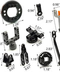 Close-up of various pieces from Technical Car Suspension Building Kit With 144 Pieces including gears and connectors with dimensions