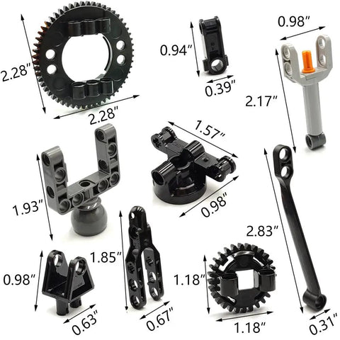 Close-up of various pieces from Technical Car Suspension Building Kit With 144 Pieces including gears and connectors with dimensions