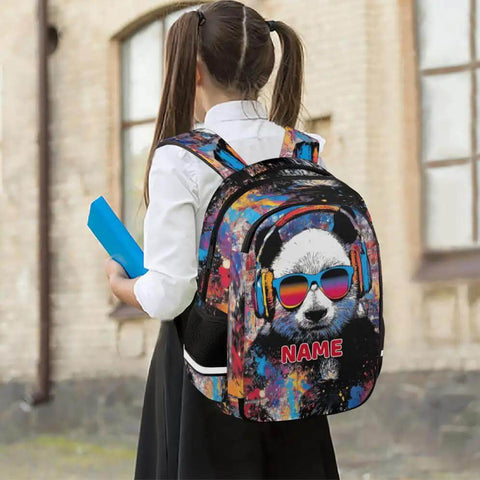 Personalized Dope Panda Backpack With Custom Name For Work And Travel College 16 Inch Laptop Bag Large Daypack with colorful panda design