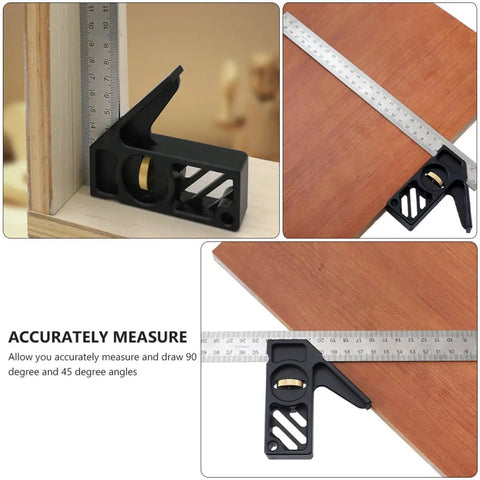 Professional Grade Carpentry Combination Square Layout Ruler With Dead On 45 And 90 Degree Marking showing accurate measuring on wood.