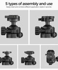 Low Profile Camera Tripod Ball Head Mount With 55mm Ball, 360° Swivel And 90° Tilt, Arca-Swiss Compatible, Ultra Stable For No Shake And Smooth Panoramic Shots, Lightweight And Durable Mount For DSLRs And Mirrorless Cameras, black metal, five assembly views
