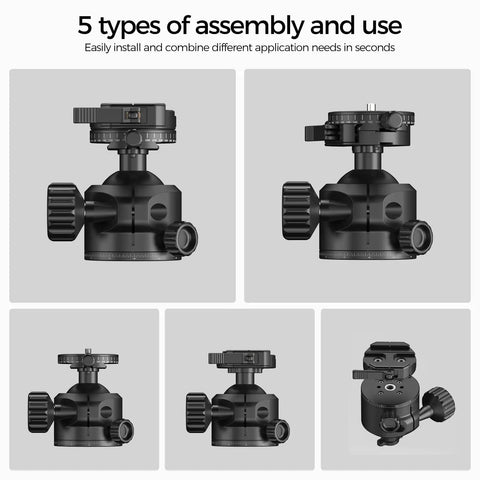 Low Profile Camera Tripod Ball Head Mount With 55mm Ball, 360° Swivel And 90° Tilt, Arca-Swiss Compatible, Ultra Stable For No Shake And Smooth Panoramic Shots, Lightweight And Durable Mount For DSLRs And Mirrorless Cameras, black metal, five assembly views