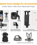 Components of All In One Action Cam Mount Kit With Chest Strap Harness Backpack Clip 360 Degree Rotating Head Strap Mount And Wrist Strap
