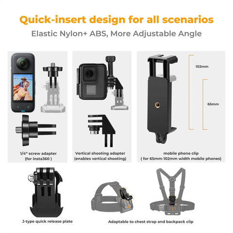Components of All In One Action Cam Mount Kit With Chest Strap Harness Backpack Clip 360 Degree Rotating Head Strap Mount And Wrist Strap