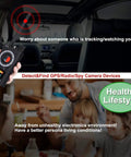 Handheld device for hidden camera detectors and bug detectors shown in car and home use.