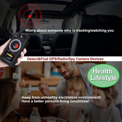 Handheld device for hidden camera detectors and bug detectors shown in car and home use.
