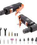 Two Piece Air Die Grinder Set With Straight And Angled Grinders, 1/4 And 1/8 Inch Collets, Pneumatic Tools included with accessories