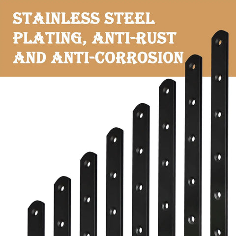 Absolute Beast 8 Inch Black Mending Plates, Heavy Duty Cast Iron Hardware For Wood Fence And Cabinet Build, Rust Resistant Metal Braces, Sick 12 Piece Set Built To Kick Some Serious Weight displayed vertically showing various sizes.
