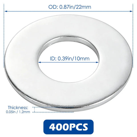 Bulk 400 Piece Flat Washers Set Zinc Plated Carbon Steel 10 Mm ID X 21 Mm OD X 1.2 Mm Thick showing dimensions