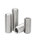 Four M5 Hex Socket Set Screws 304 Stainless Steel Cup Point DIN916 Internal Allen Drive 45mm Length shown upright and tilted