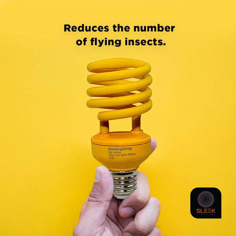 Hand holding Yellow Spiral CFL Bulb on yellow background with text 'Reduces the number of flying insects', focus keyword not applicable