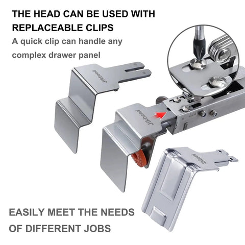 No Sweat Drawer Front Installation Clamps With Quick Release Bow Clips One Click Locking System showing replacement clips and metal head features.