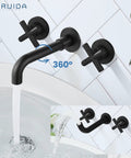 Solid Brass Widespread Wall Mount Bathroom Faucet With 360 Degree Swivel Spout Matte Black Finish Double Cross Handles