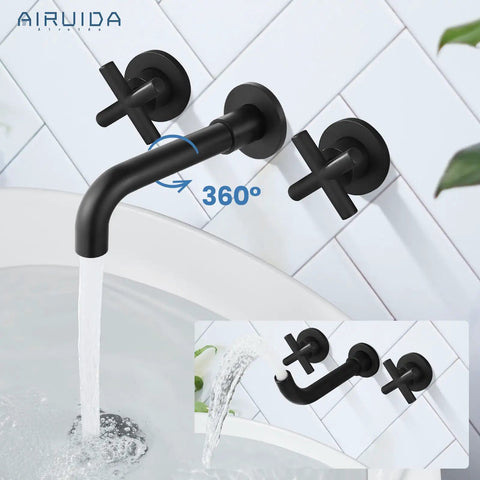 Solid Brass Widespread Wall Mount Bathroom Faucet With 360 Degree Swivel Spout Matte Black Finish Double Cross Handles
