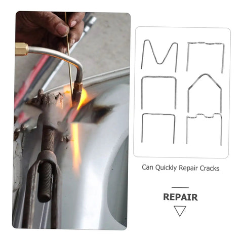Close-up of 600Pcs Car Repair Welding Staples Kit Assorted for Bumper Repair beside repair process image