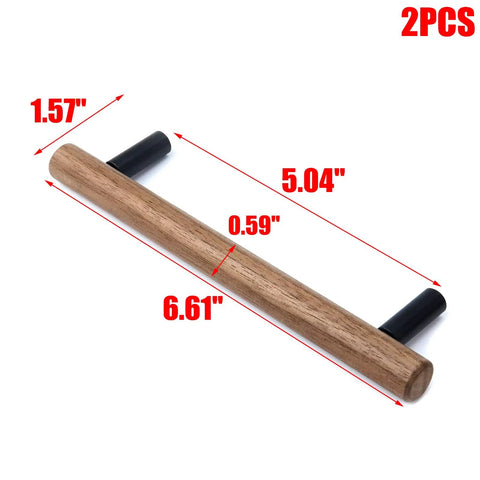 Walnut Wood Drawer Pulls With Metal Base, 2 Pack Cabinet Handles, Black Dresser Hardware, 5.04 Inch Hole Centers, dimensions shown