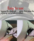 Hands using CV Boot Clamp Pliers Kit Car Universal Fit Adjustable Drive Shaft Axle Boot Pliers Tool With Ten Stainless Steel Crimp Bands Automotive Repair Tools Durable Heavy Duty Construction on a hose clamp.