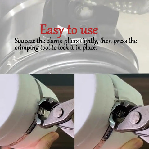 Hands using CV Boot Clamp Pliers Kit Car Universal Fit Adjustable Drive Shaft Axle Boot Pliers Tool With Ten Stainless Steel Crimp Bands Automotive Repair Tools Durable Heavy Duty Construction on a hose clamp.