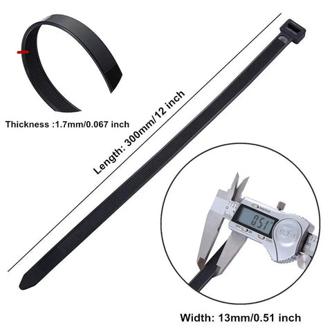 60 Piece Multi Purpose Ultra Heavy Duty UV Cable Ties 11.8 Inch Length 0.51 Inch Width 250 Lbs Tensile Strength Non Metal Black Indoor Outdoor Use Ideal For Home And Shop Projects shown with dimensions and caliper measurement