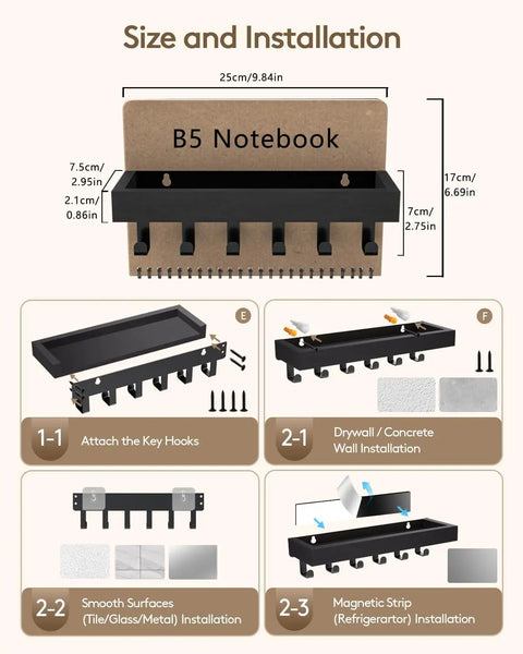 Installation guide for Damage Free Key Holder Wall Mount With Adhesive Magnetic Hooks And Shelf, showing various methods of attachment.