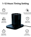 Rapid Heat Electrically Heated Coffee Mug Warmer With 16oz Stainless Steel Cup And Temperature Control Smart Heater showing timing settings.
