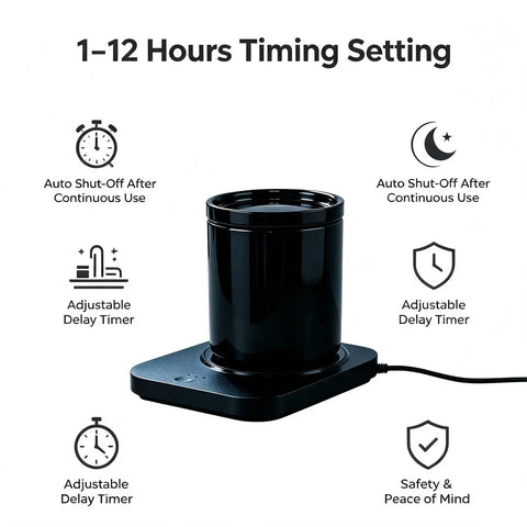 Rapid Heat Electrically Heated Coffee Mug Warmer With 16oz Stainless Steel Cup And Temperature Control Smart Heater showing timing settings.