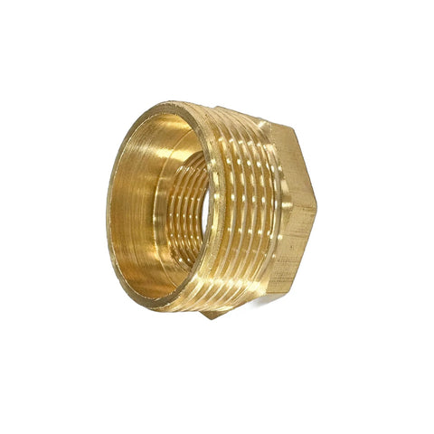 Brass NPT reducer bushing, 1-1/4 in male to 3/4 in female, hex threaded pipe fitting