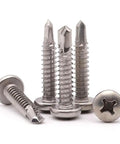 50 Pack 12 X 1 Inch Pan Head Self Drilling Screws For Metal Heavy Duty Phillips Drive Tek Screws 410 Stainless Steel showing various screws.