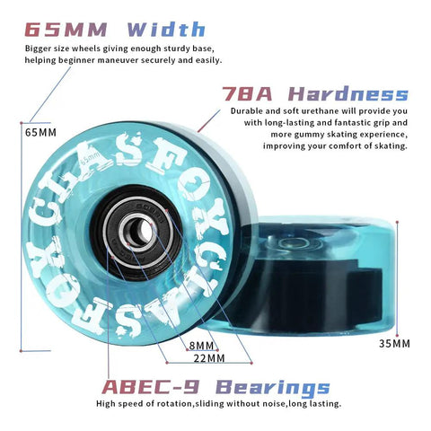 Side view of 78A Outdoor Indoor Quad Roller Skate Wheels 65x35mm ABEC9 Bearings, Sea Blue, highlighting size, and durability.