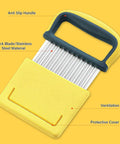Cuworlis crinkle cutter with yellow handle and protective cover; stainless steel blades, front view.