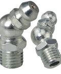 Close-up of two angled M8 fittings from 12 Pack Stainless Steel Grease Fittings Kit With 4 Straight, 4 90 Degree, And 4 45 Degree M8 Zerk Fittings
