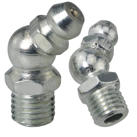 Close-up of two angled M8 fittings from 12 Pack Stainless Steel Grease Fittings Kit With 4 Straight, 4 90 Degree, And 4 45 Degree M8 Zerk Fittings