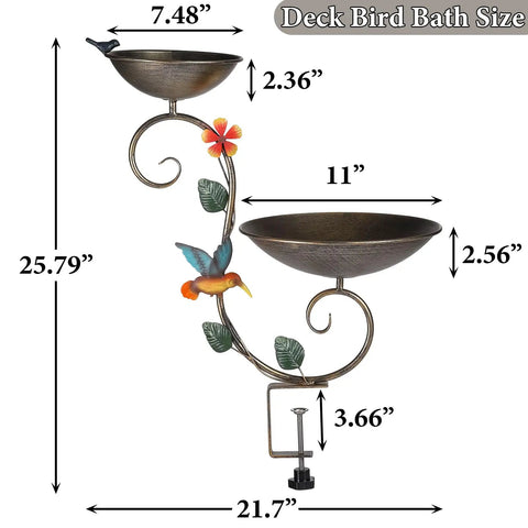 Sturdy Two In One Deck Bird Bath And Feeder Combo With Adjustable Railing Clamp Antique Gold Metal Yard Ornament dimensions and design features.