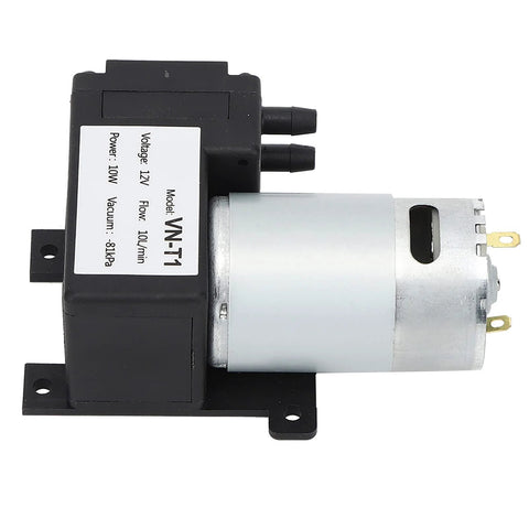 Side view of VN-T1 miniature DC vacuum pump, 12V, 10 L/min, 81 kPa, black housing with silver motor